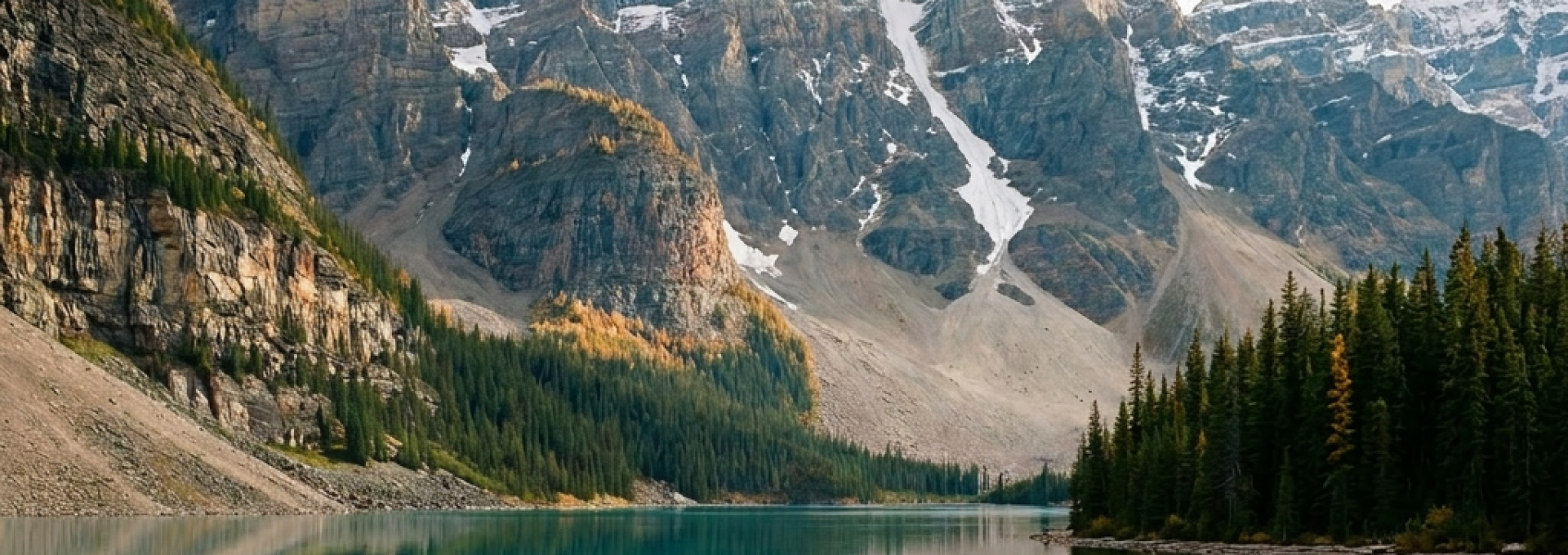 Calm mountain lake with snowy peaks reflected in turquoise water and red canoe tied to dock